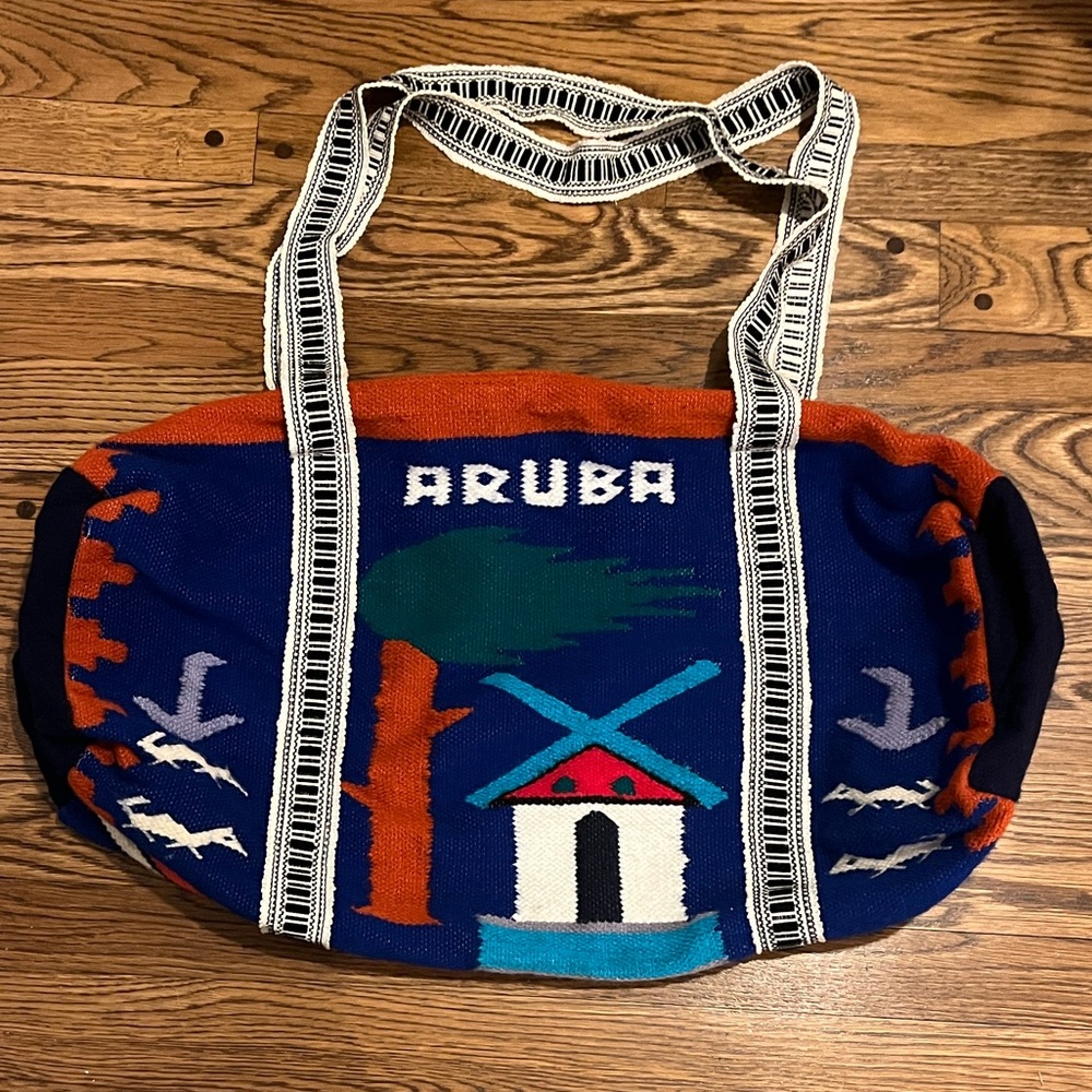 Colorful wool vintage Aruba Tote Bag with bright colors and green lining
